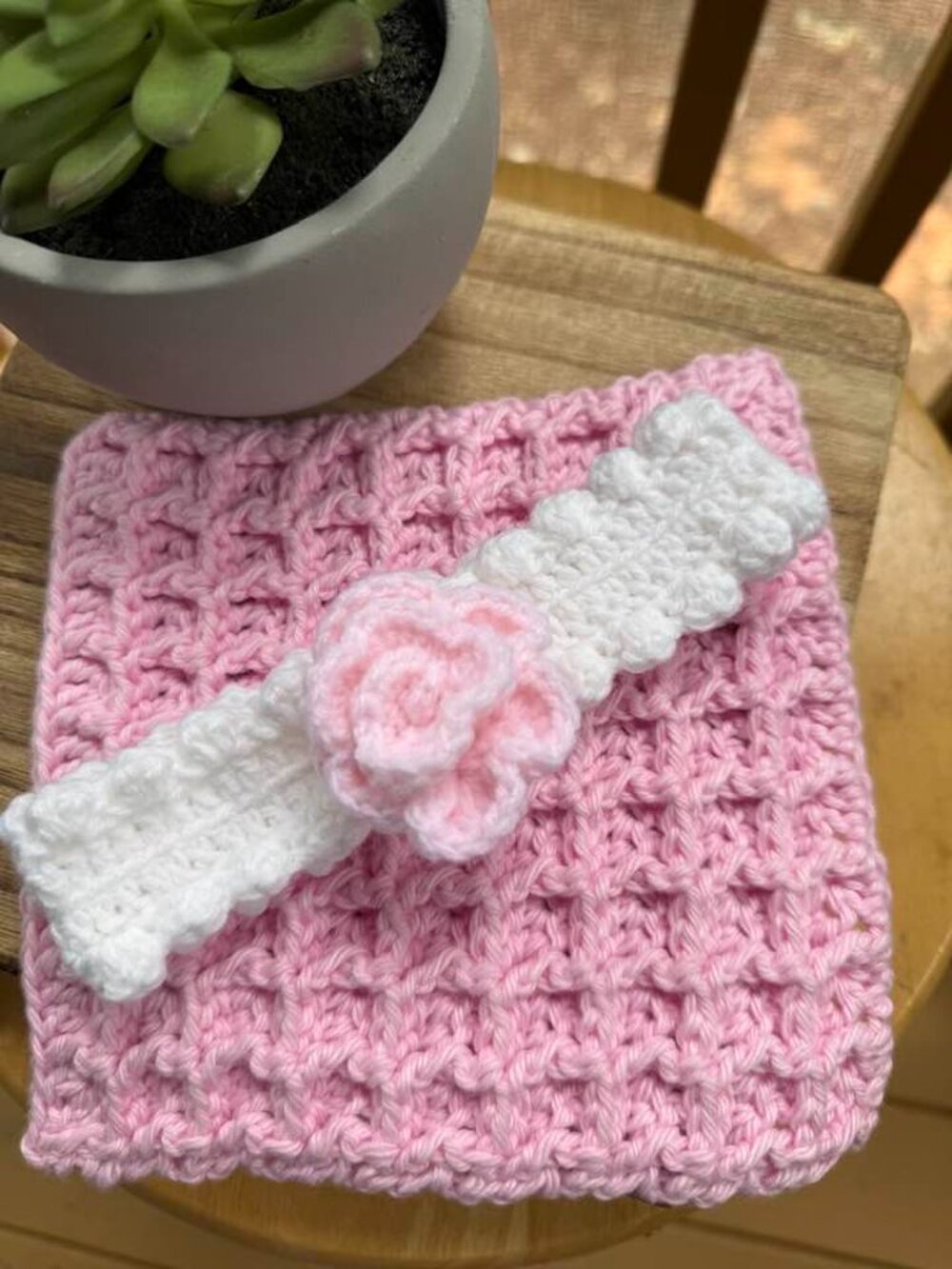 NEW Adorable Rosette Baby Headband and Wash Cloth - Hand Crochet - Pure Cotton